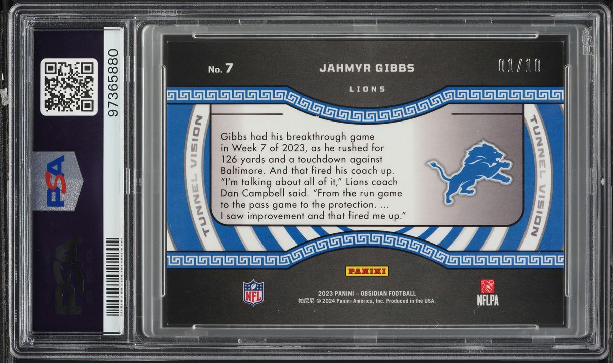 2023 Panini Obsidian Tunnel Vision EE Asia Gold Flood Jahmyr Gibbs RC 1/10 PSA 9