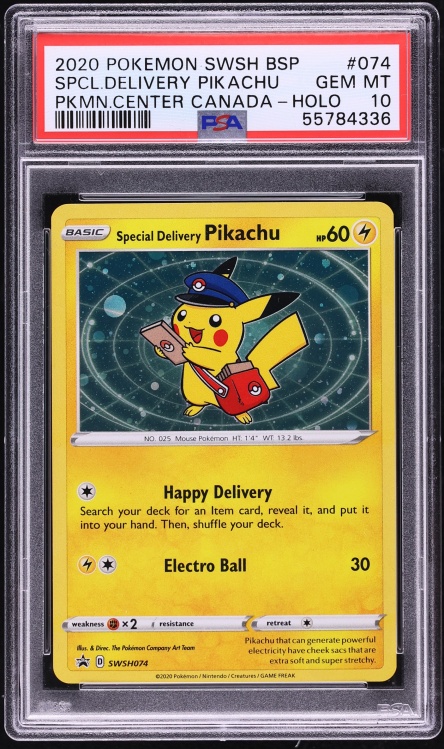 2020 Pokemon Sword & Shield Promo Center Canada Holo Special Delivery Pikachu #74 PSA 10 GEM