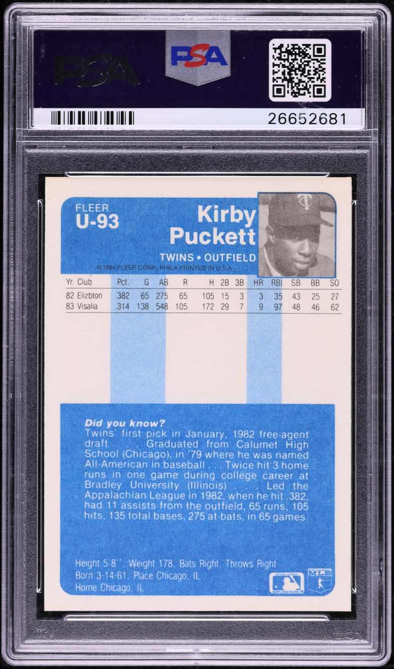 1984 Fleer Update Kirby Puckett ROOKIE #U-93 PSA 10 GEM MINT