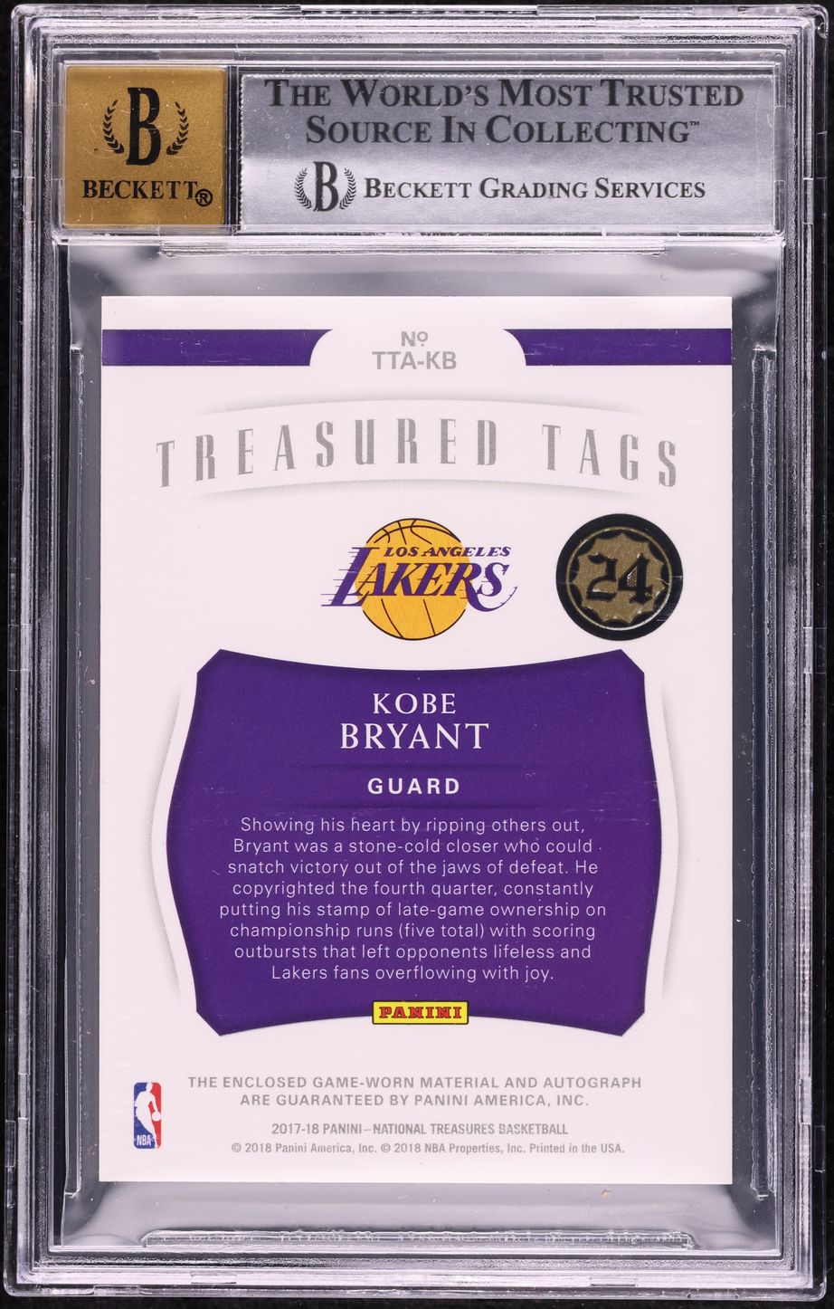 2017 National Treasures Treasured Tags Kobe Bryant LOGO PATCH AUTO 1/1 BGS 8.5