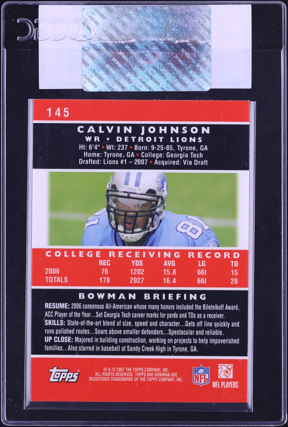 2007 Bowman Gold Calvin Johnson ROOKIE #145 CGC AUTH