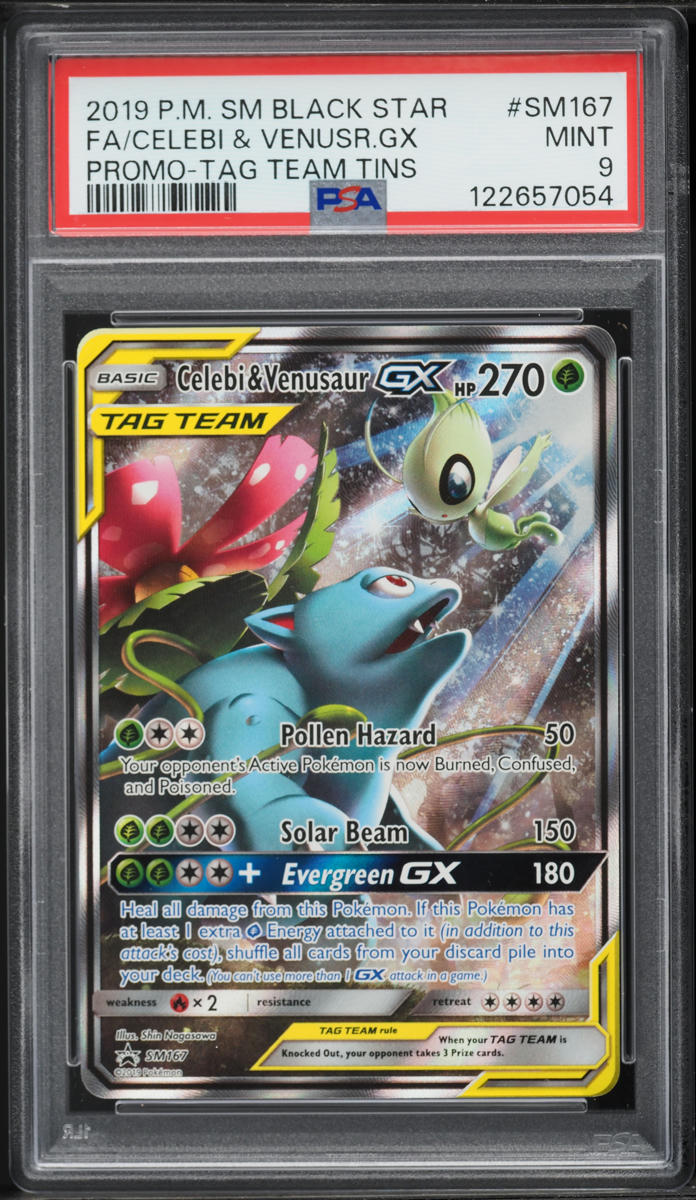 2019 Pokemon Sun & Moon Promo Tag Team Tins Full Art Celebi Venusaur GX #SM167 PSA 9 MINT