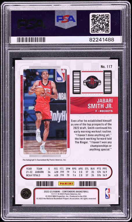 2022 Panini Contenders Jabari Smith Jr. ROOKIE AUTO #117 PSA 10 GEM MINT