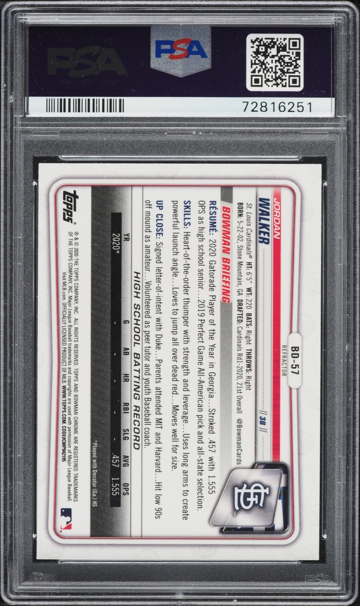 2020 Bowman Chrome Draft Refractor Jordan Walker PROSPECT #BD-57 PSA 9 MINT