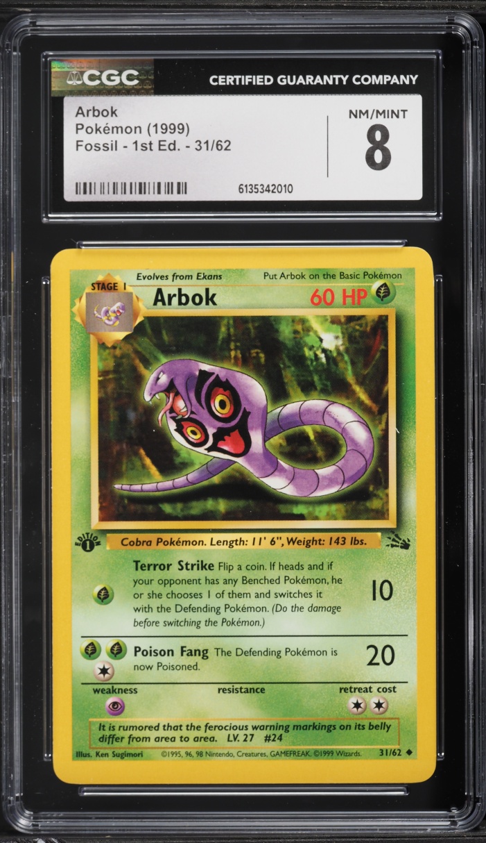 1999 Pokemon Fossil 1st Edition Arbok #31 CGC 8 NM-MT