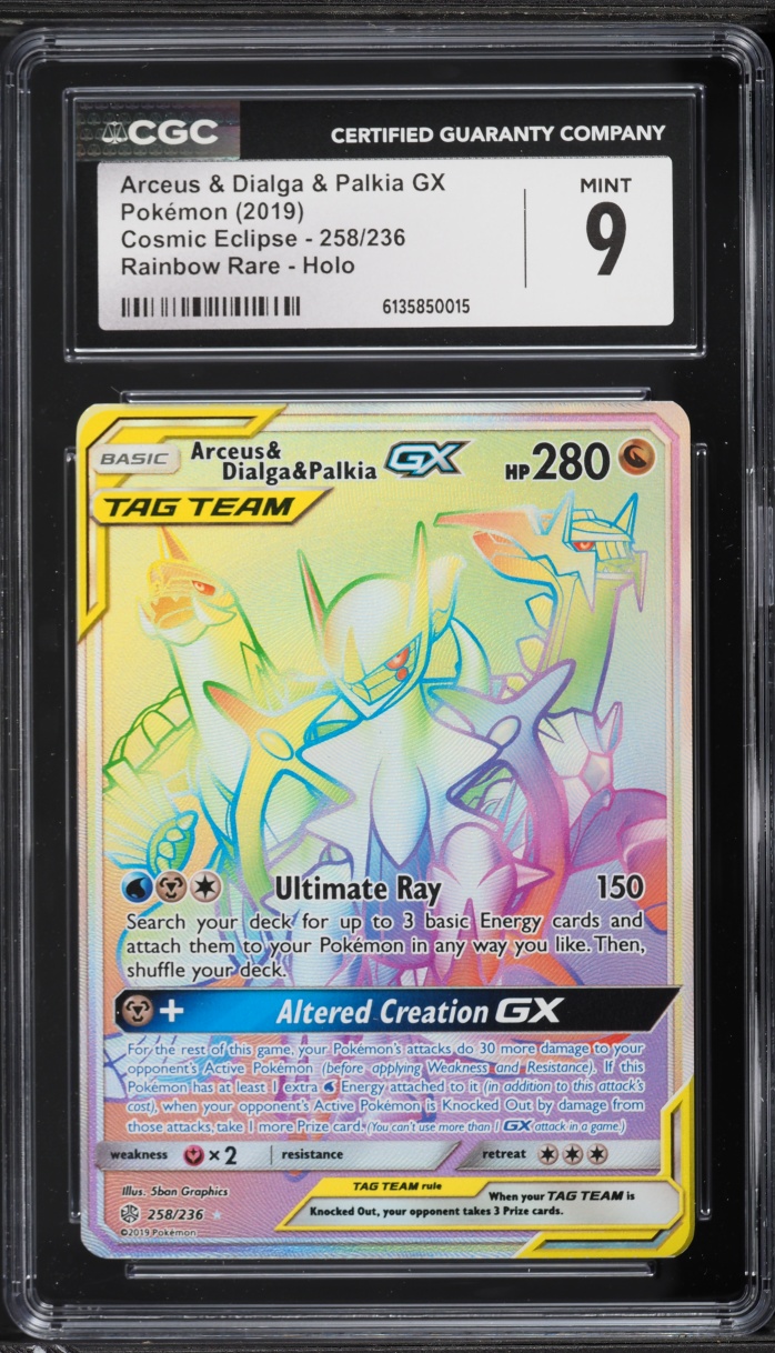 2019 Pokemon Sun & Moon Cosmic Eclipse Rainbow Rare Arceus Dialga & Palkia GX #258 CGC 9 MINT