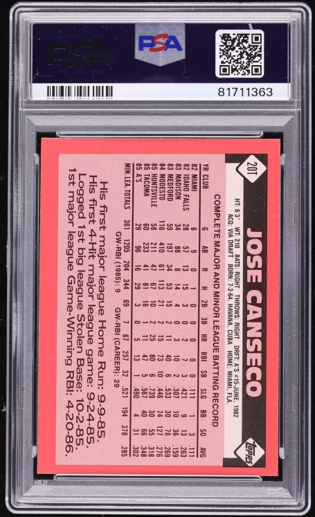 1986 Topps Traded Tiffany Jose Canseco ROOKIE #20T PSA 10 GEM MINT - Photo 2
