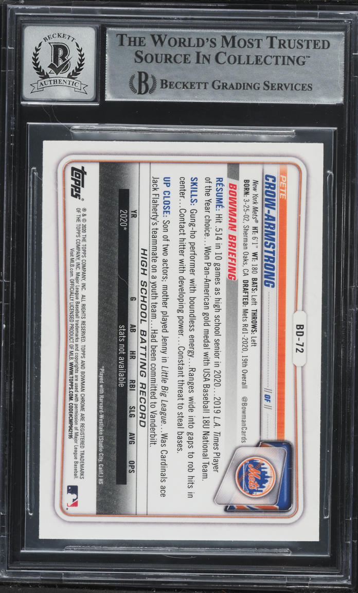 2020 Bowman Chrome Draft Pete Crow-Armstrong PROSPECT #BD-72 BGS AUTH