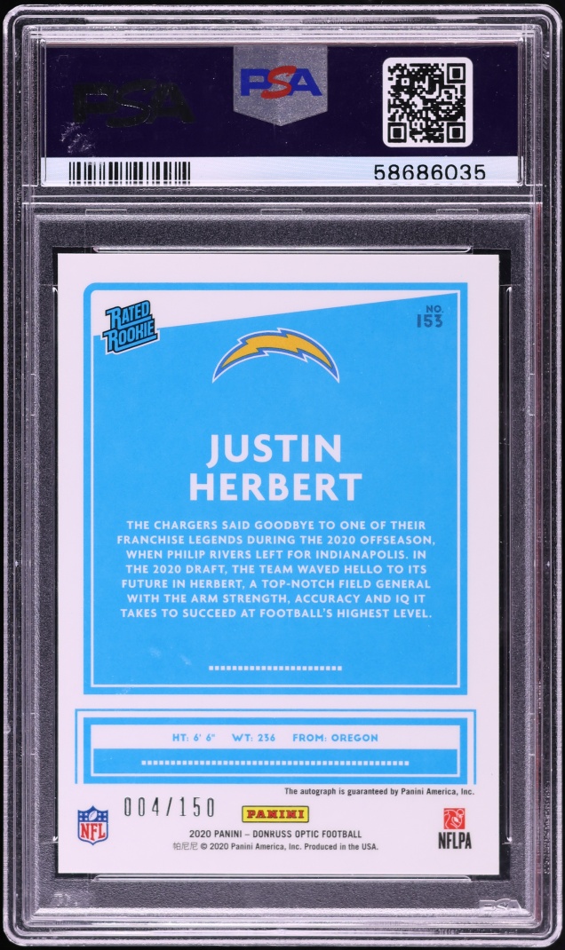 2020 Donruss Optic Justin Herbert ROOKIE AUTO DNA 10 /150 #153 PSA 10 GEM MINT