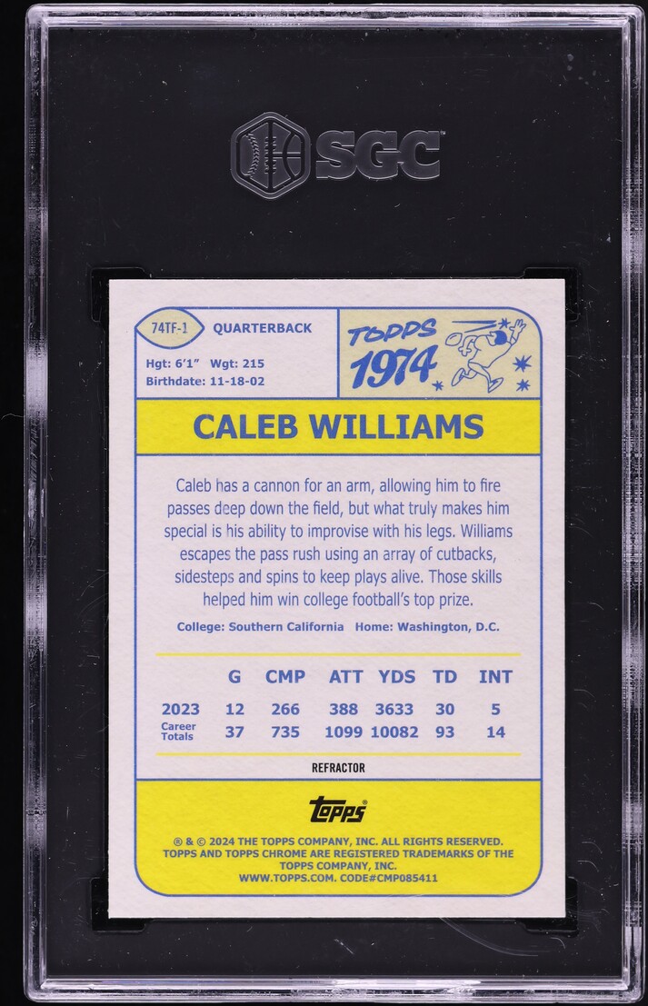 2024 Topps Chrome '74 Design Refractor Caleb Williams ROOKIE #74TF-1 SGC 9 MINT