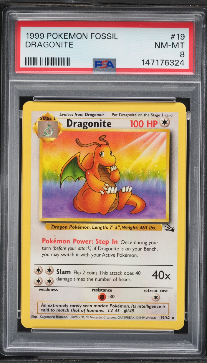 1999 Pokemon Fossil Dragonite #19 PSA 8 NM-MT