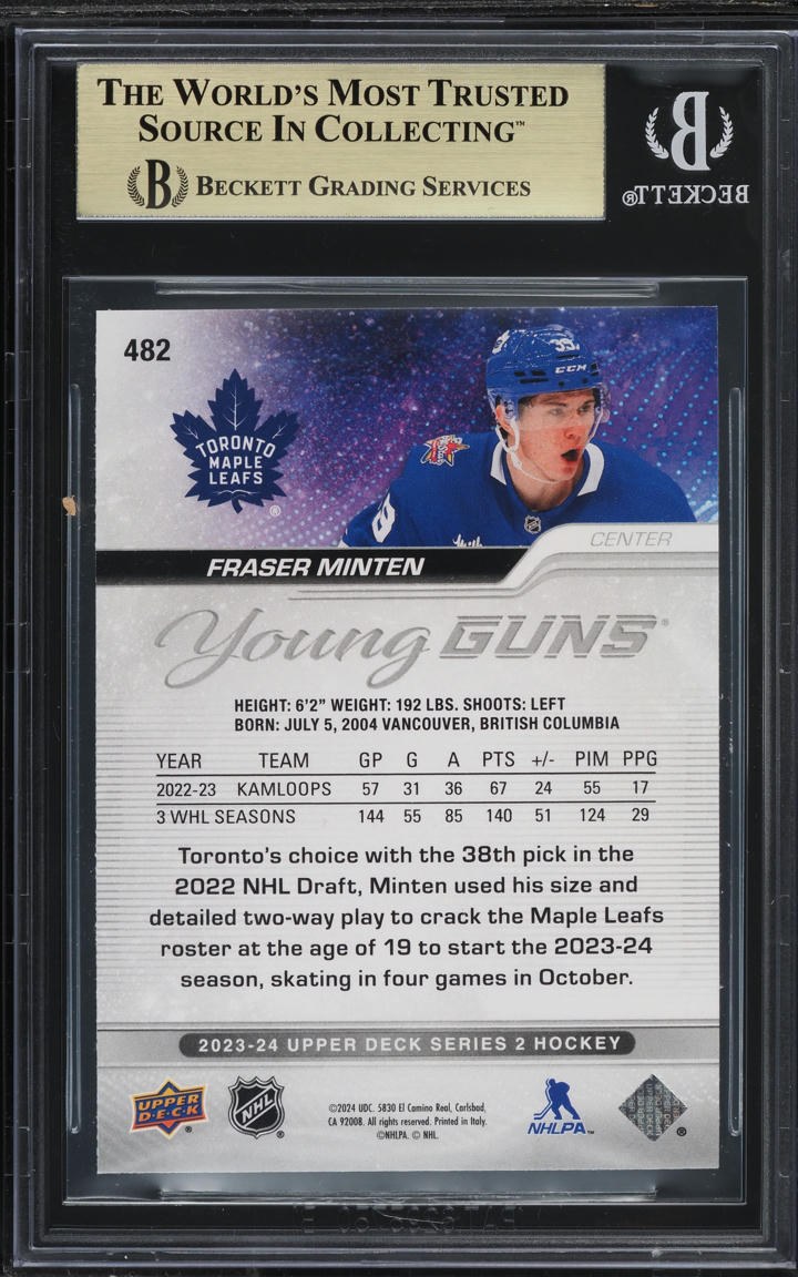2023 Upper Deck Young Guns Fraser Minten ROOKIE #482 BGS 10 PRISTINE