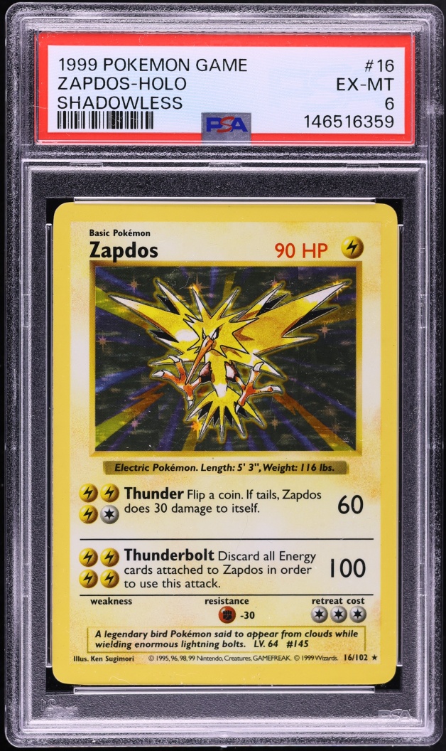1999 Pokemon Base Set Shadowless Holo Zapdos #16 PSA 6 EXMT