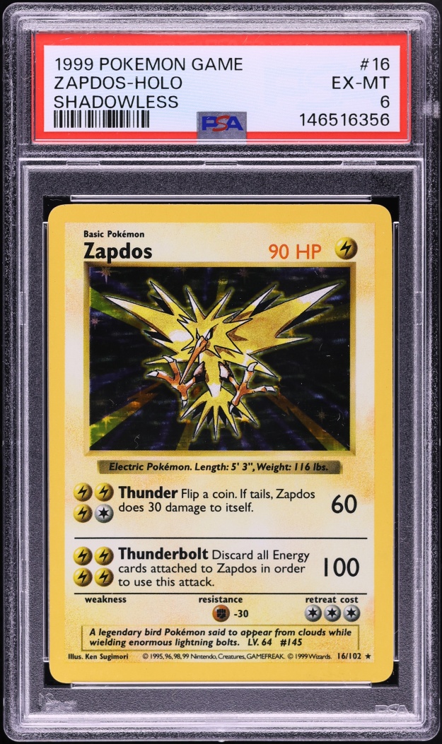 1999 Pokemon Base Set Shadowless Holo Zapdos #16 PSA 6 EXMT