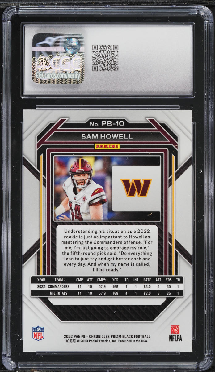 2022 Panini Chronicles Prizm Black Sam Howell ROOKIE #PB-10 CGC 10 GEM MINT
