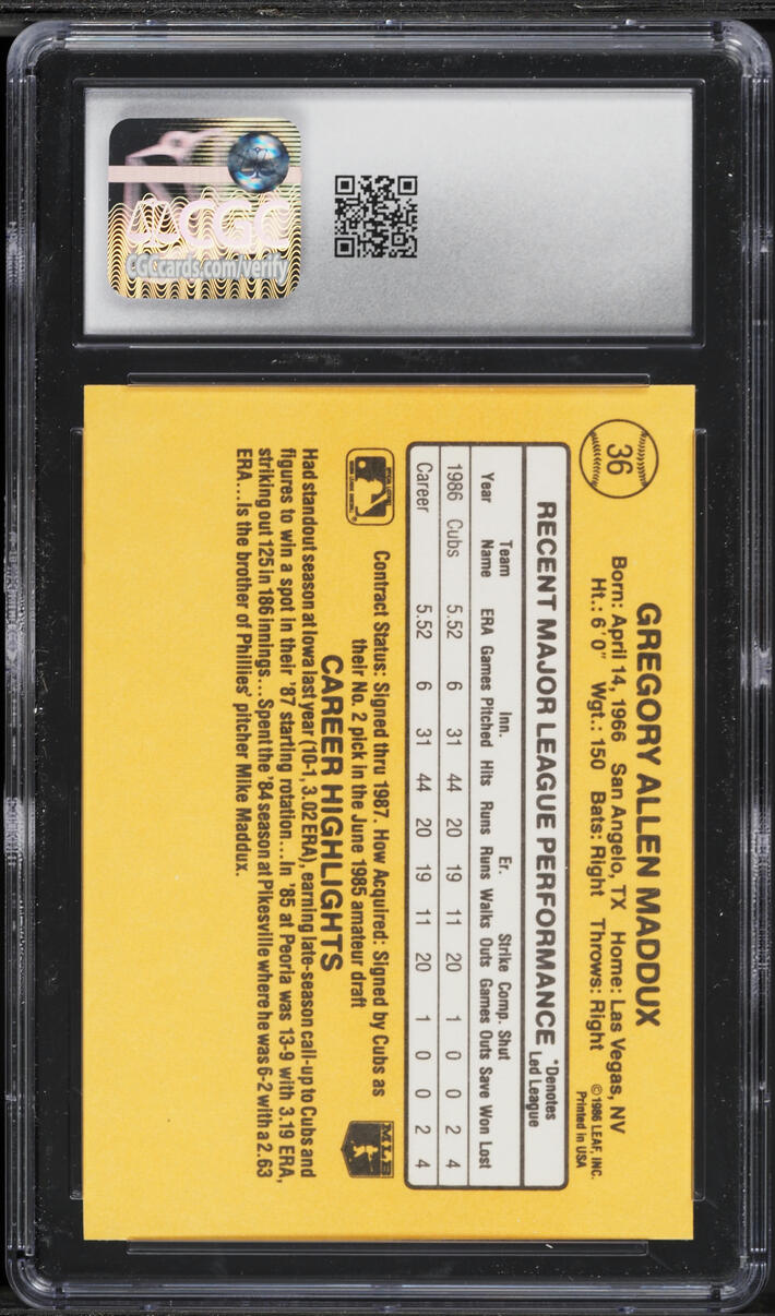 1987 Donruss Greg Maddux ROOKIE #36 CGC 9 MINT