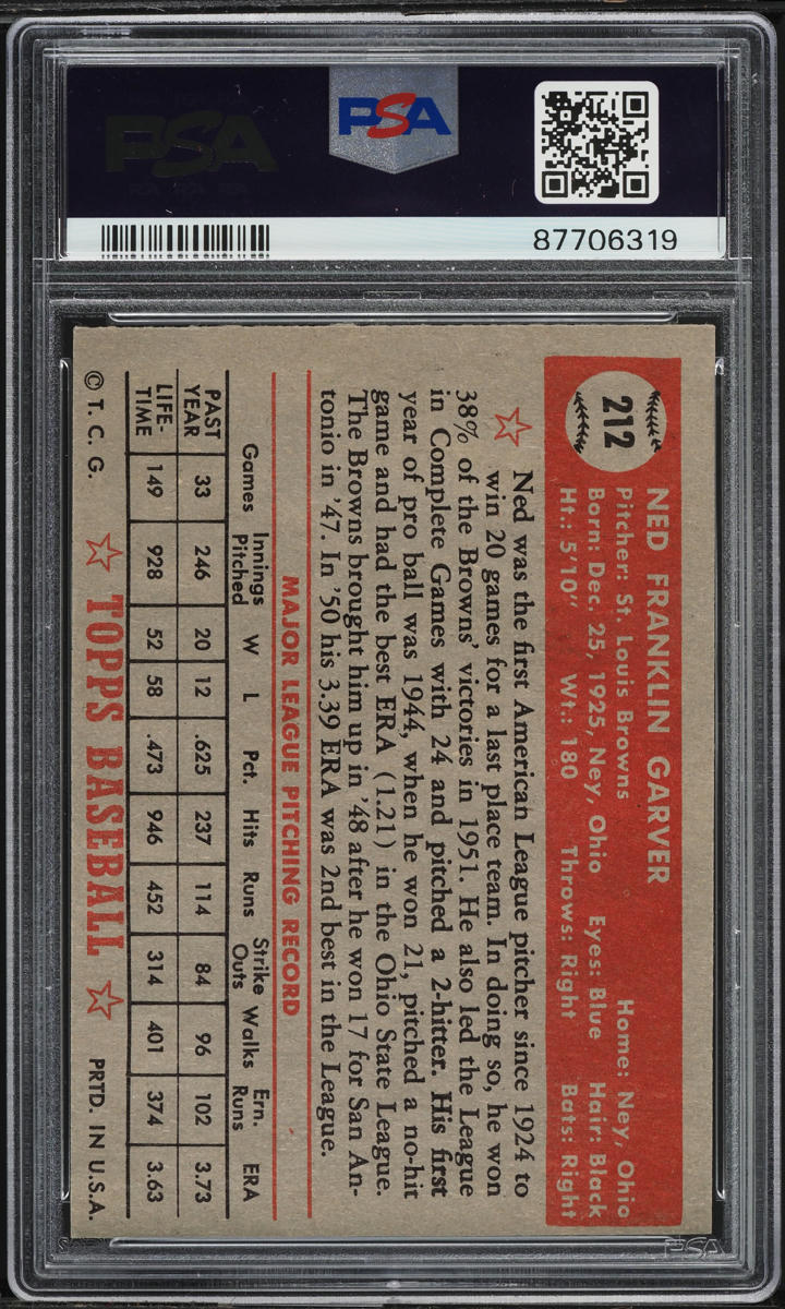 1952 Topps Ned Garver #212 PSA 7 NRMT