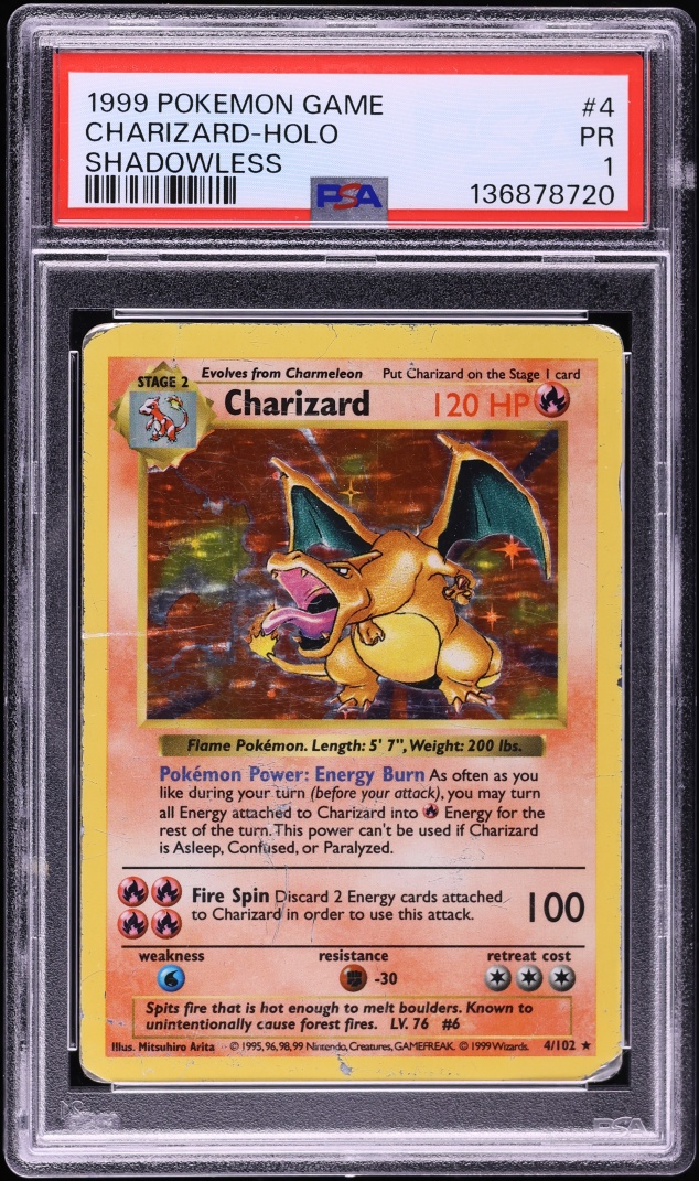 1999 Pokemon Base Set Shadowless Holo Charizard #4 PSA 1 PR
