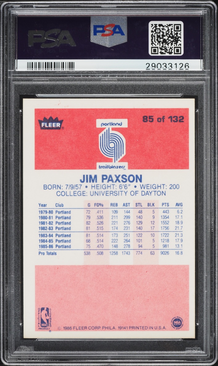 1986 Fleer Basketball Jim Paxson #85 PSA 9 MINT