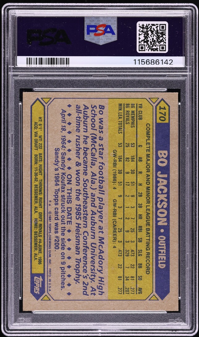 1987 Topps Future Stars Bo Jackson ROOKIE #170 PSA 8.5 NM-MT+