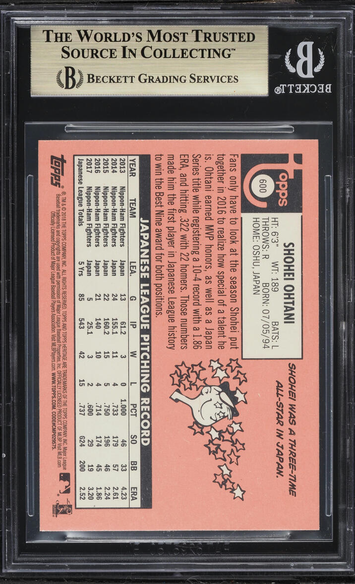 2018 Topps Heritage Shohei Ohtani ROOKIE #600 BGS 9.5 GEM MINT