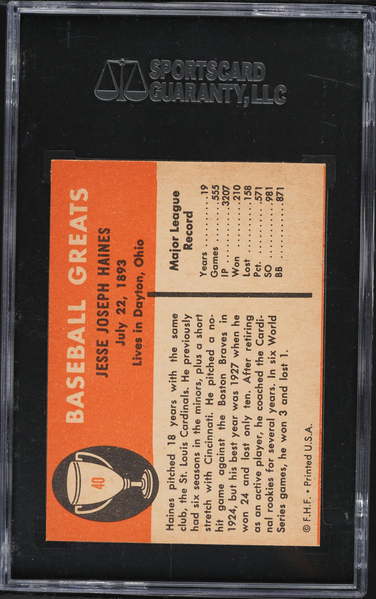 1961 Fleer Jesse Haines #40 SGC 10 GEM MINT