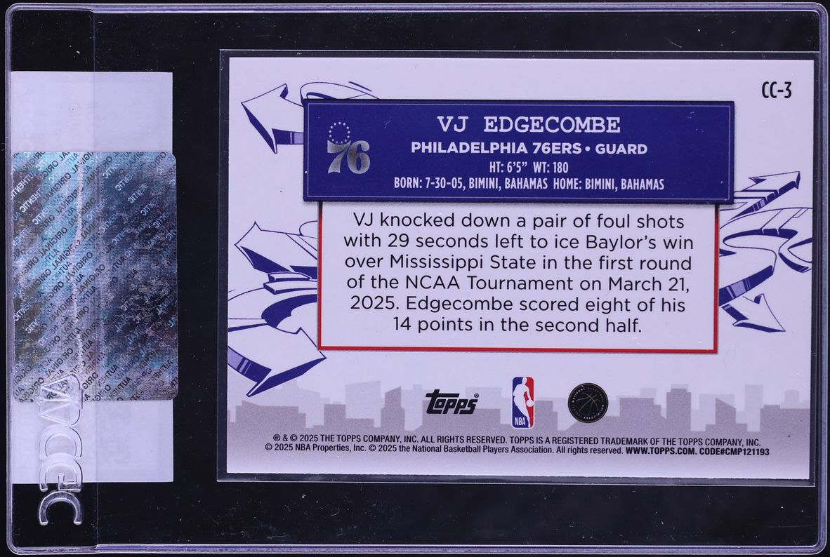 2025 Topps Clutch City Prospects VJ Edgecombe ROOKIE #CC-3 CGC AUTH