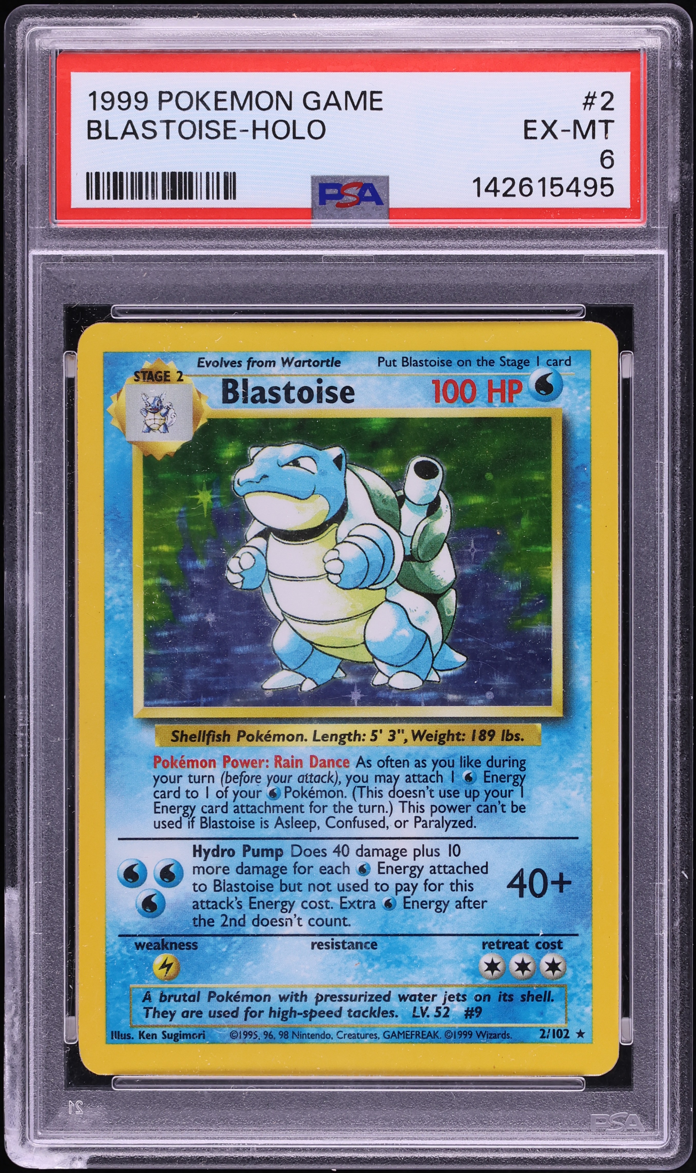 1999 Pokemon Base Set Holo Blastoise #2 PSA 6 EXMT