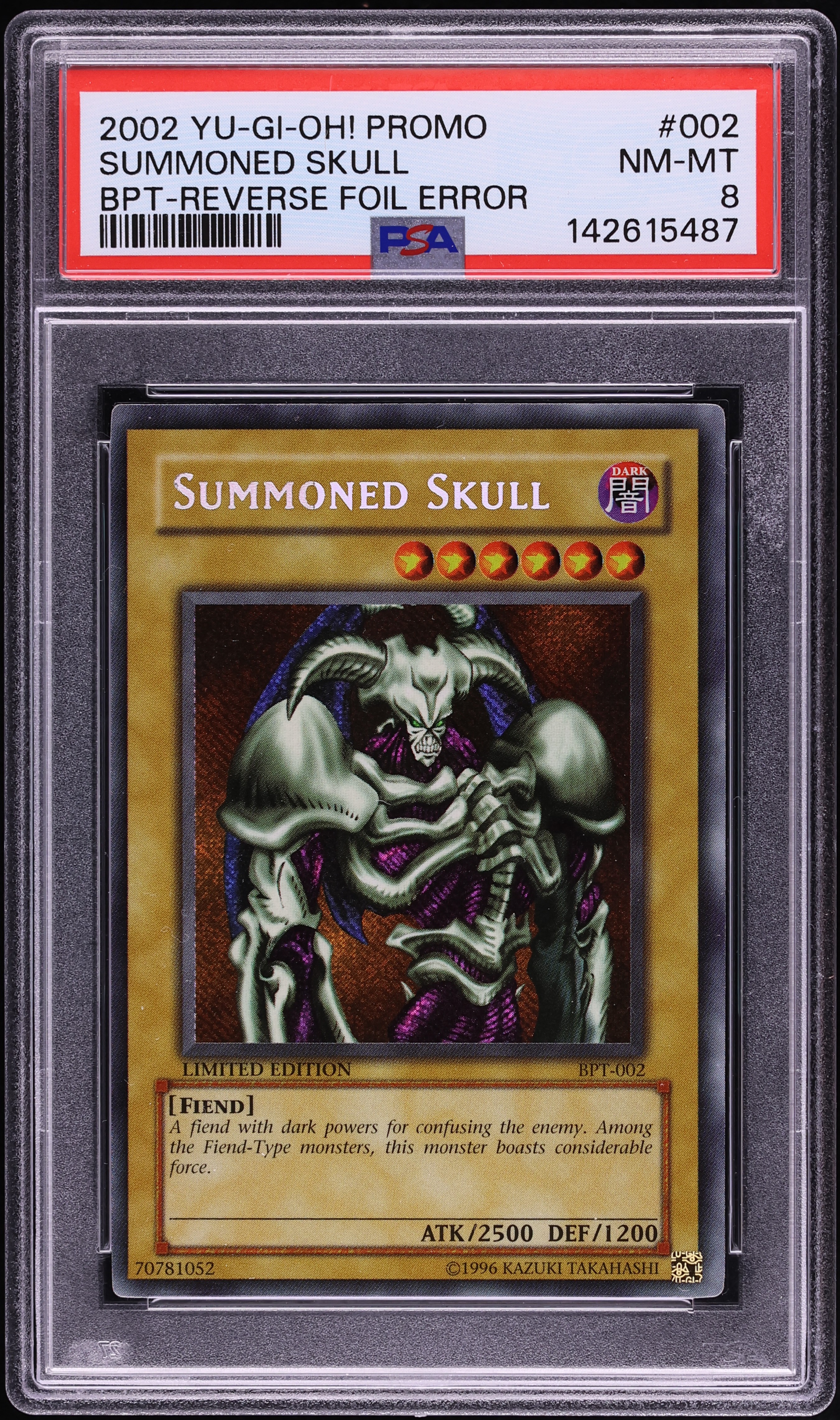 2002 Yu-Gi-Oh! Promo Collector's Tins Reverse Foil Error Summoned Skull #BPT-002 PSA 8 NM-MT