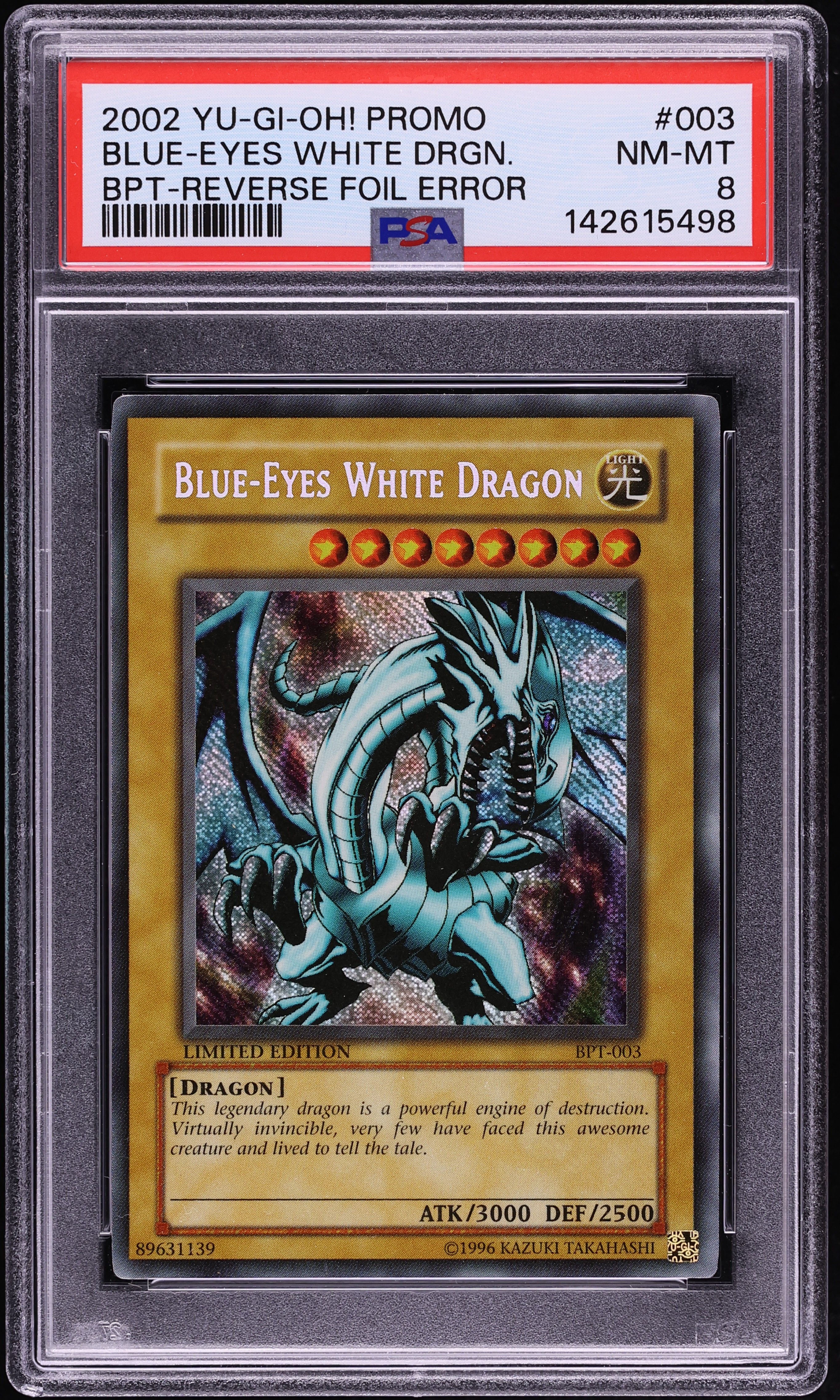 2002 Yu-Gi-Oh! BPT Promo Reverse Foil Error Blue-Eyes White Dragon #BPT-003 PSA 8 NM-MT