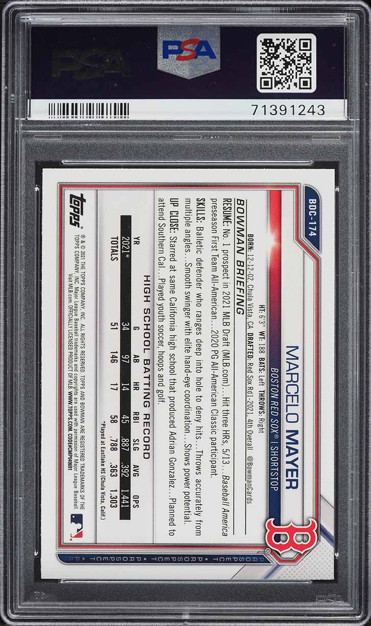 2021 Bowman Chrome Draft Sapphire Marcelo Mayer PROSPECT #BDC-174 PSA 9 MINT