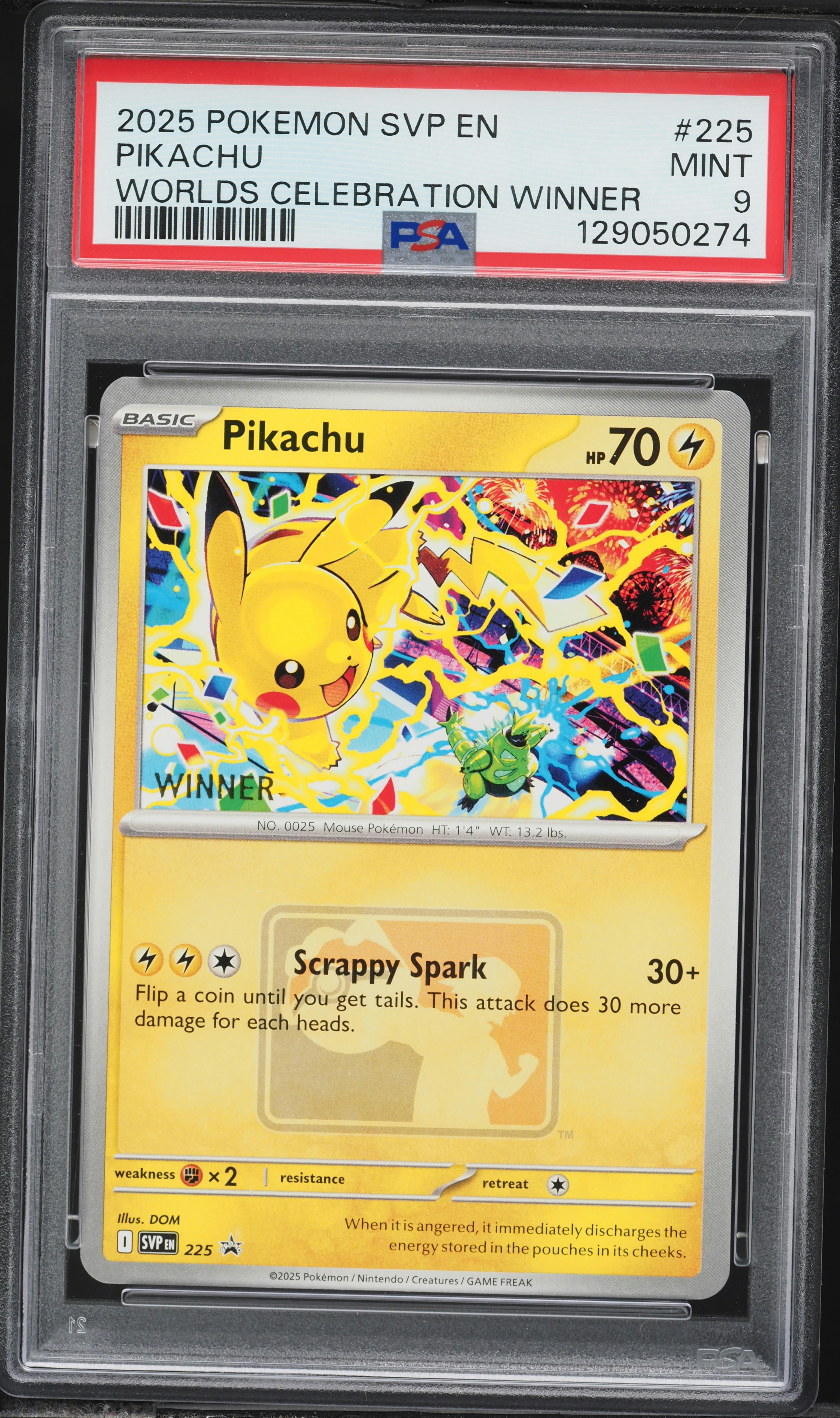 2025 Pokemon Scarlet & Violet Promo Worlds Celebration Winner Pikachu #225 PSA 9 MINT