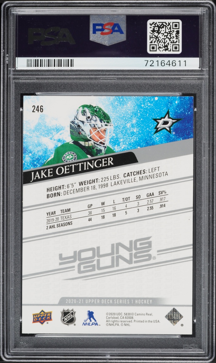 2020 Upper Deck Young Guns Jake Oettinger ROOKIE #246 PSA 10 GEM MINT