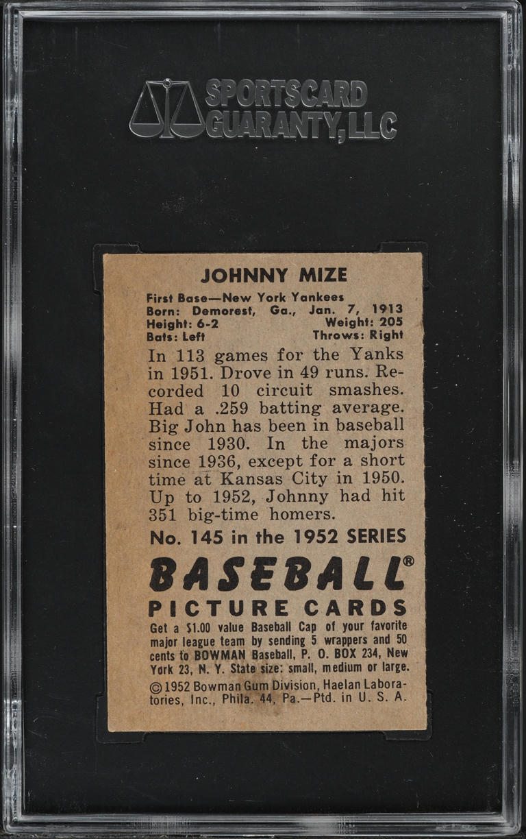 1952 Bowman Johnny Mize #145 SGC 6.5 EXMT+