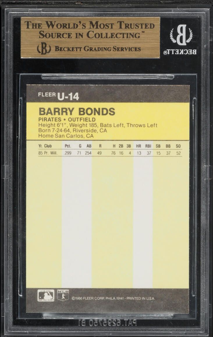 1986 Fleer Update Barry Bonds ROOKIE #14 BGS 9.5 GEM MINT