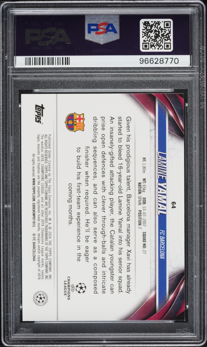 2023 Topps Chrome UEFA Aqua Prism Refractor Lamine Yamal ROOKIE #64 PSA 10 GEM MINT