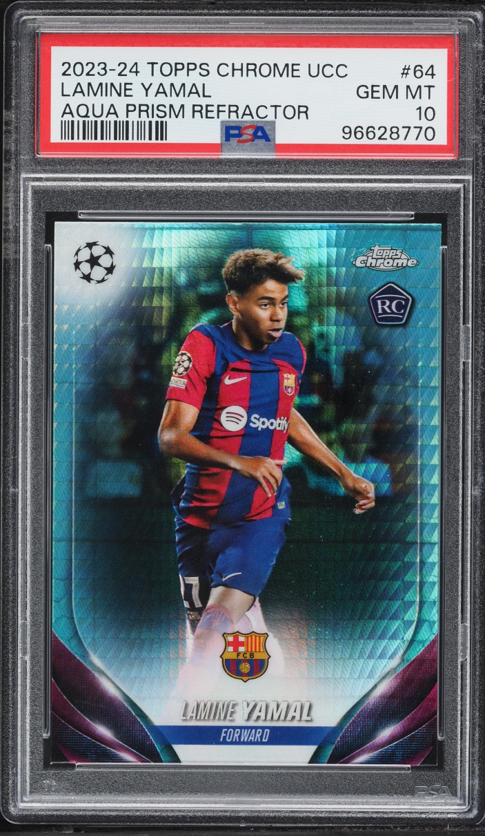 2023 Topps Chrome UEFA Aqua Prism Refractor Lamine Yamal ROOKIE #64 PSA 10 GEM MINT