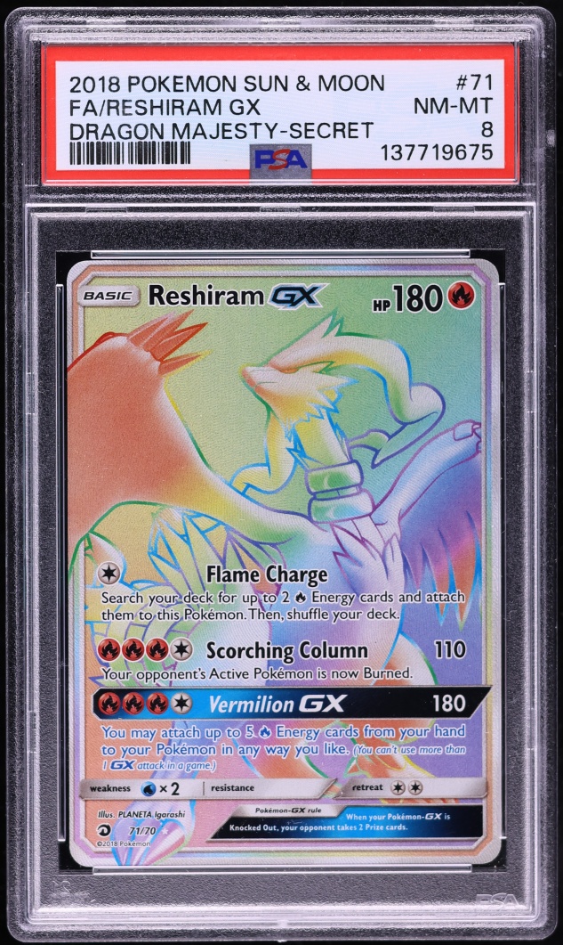 2018 Pokemon Sun & Moon Dragon Majesty Rainbow Rare Reshiram GX #71 PSA 8 NM-MT