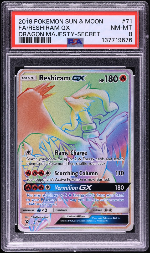 2018 Pokemon Sun & Moon Dragon Majesty Rainbow Rare Reshiram GX #71 PSA 8 NM-MT