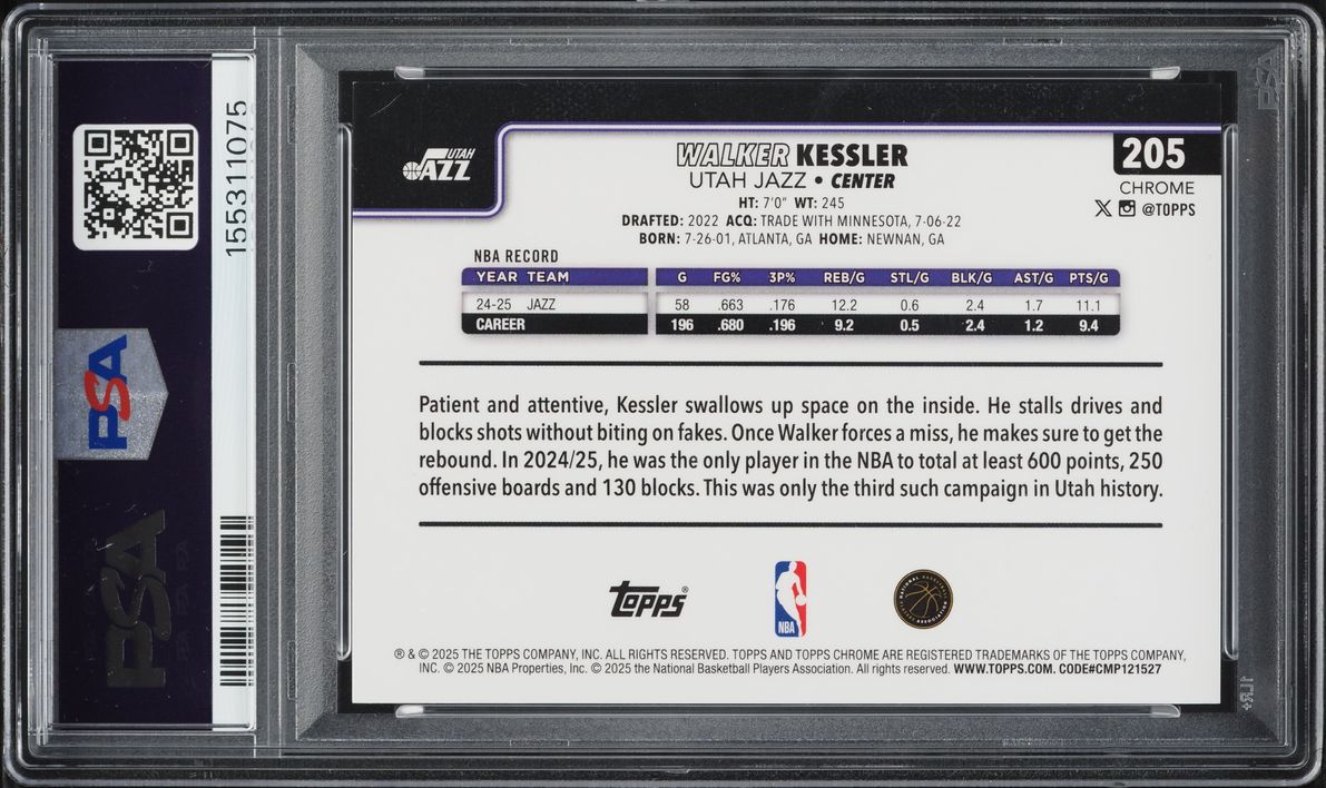 2025 Topps Chrome Sapphire Edition Padparadscha Walker Kessler 1/1 #205 PSA 10 GEM MINT