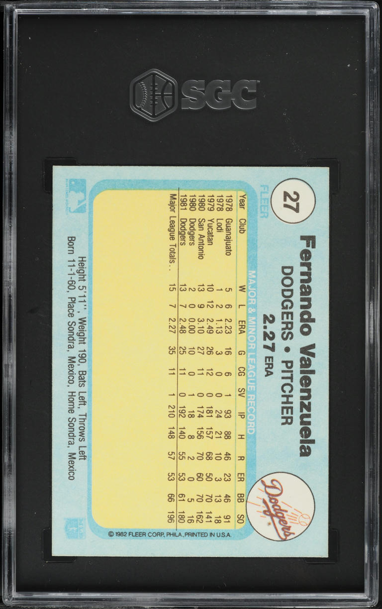 1982 Fleer Fernando Valenzuela #27 SGC 8.5 NM-MT+