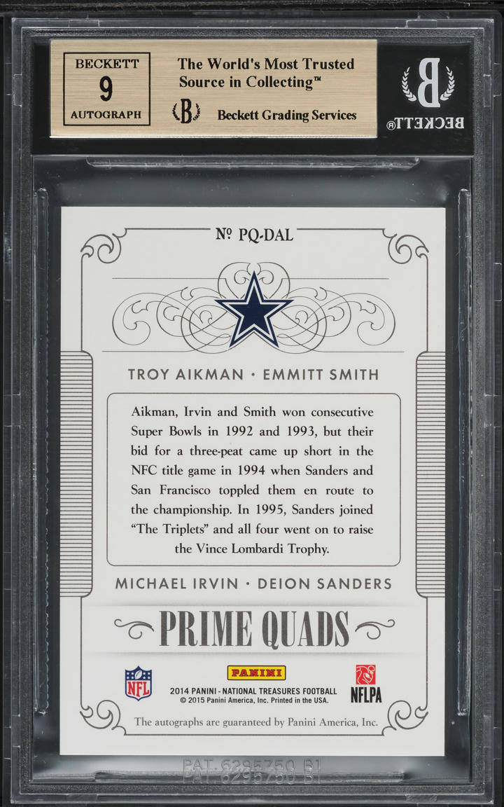 2014 National Treasures Prime Sanders Irvin Aikman Emmitt Smith AUTO /5 BGS 9.5 GEM MINT - Photo 2