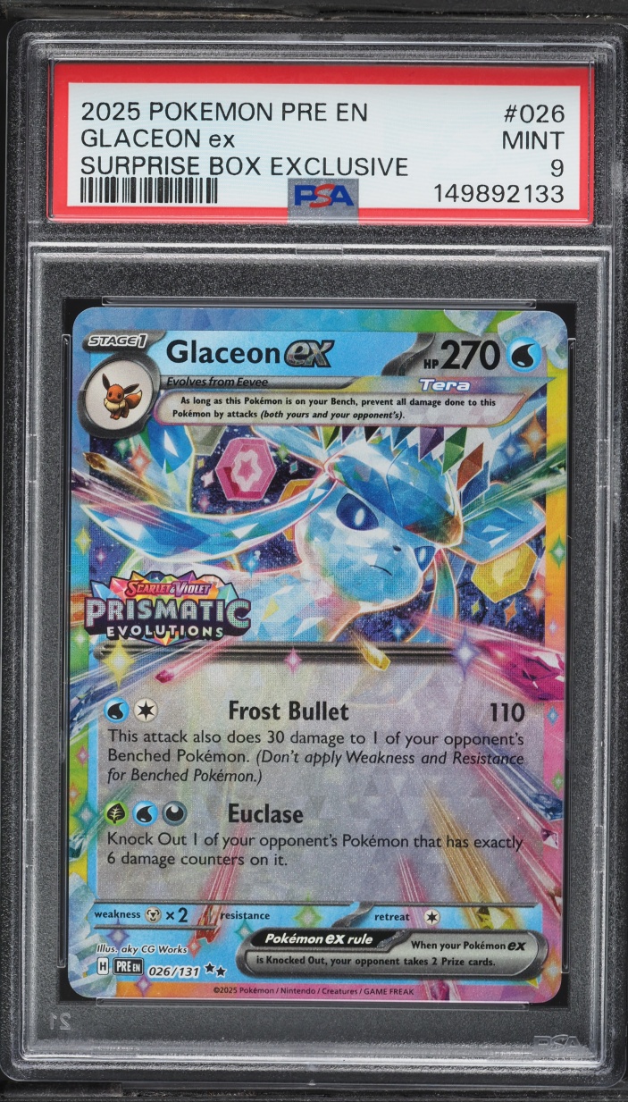 2025 Pokemon Scarlet & Violet Prismatic Evolutions Surprise Box Holo Glaceon EX #26 PSA 9 MINT