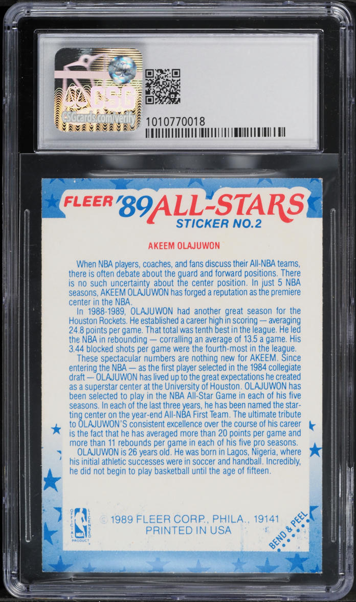 1989 Fleer Stickers All-Star Akeem Olajuwon #2 CSG 5 EX