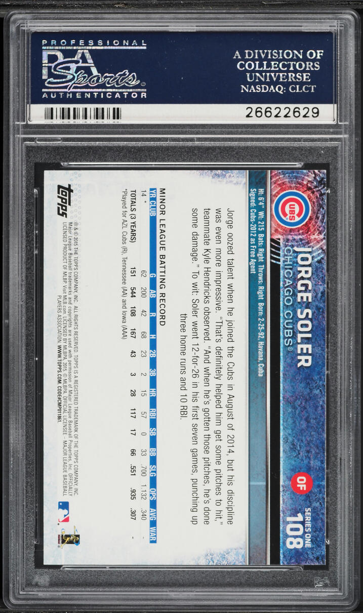 2015 Topps Jorge Soler ROOKIE #108 PSA 10 GEM MINT