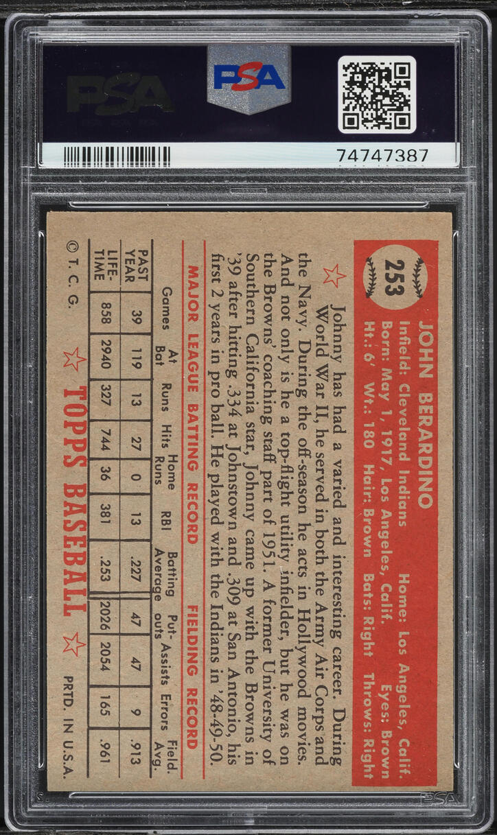 1952 Topps Johnny Berardino #253 PSA 7 NRMT