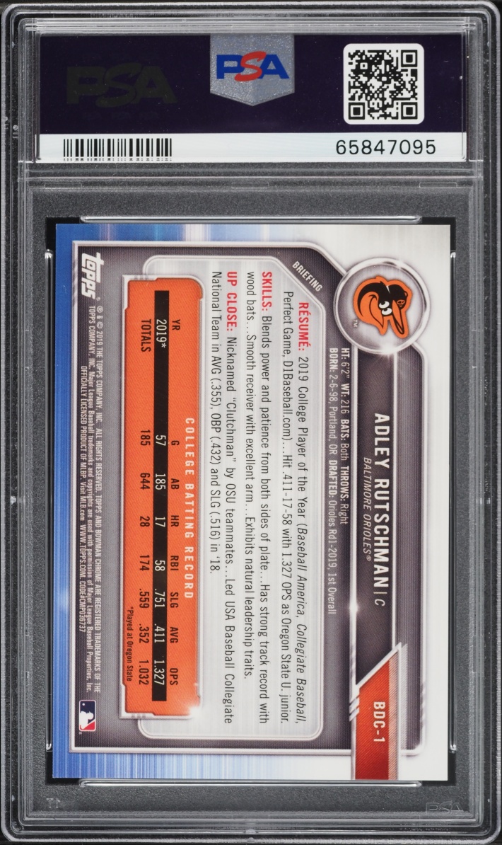 2019 Bowman Chrome Draft Batting Purple Ref. Adley Rutschman PROSPECT /250 #BDC-1 PSA 10 GEM