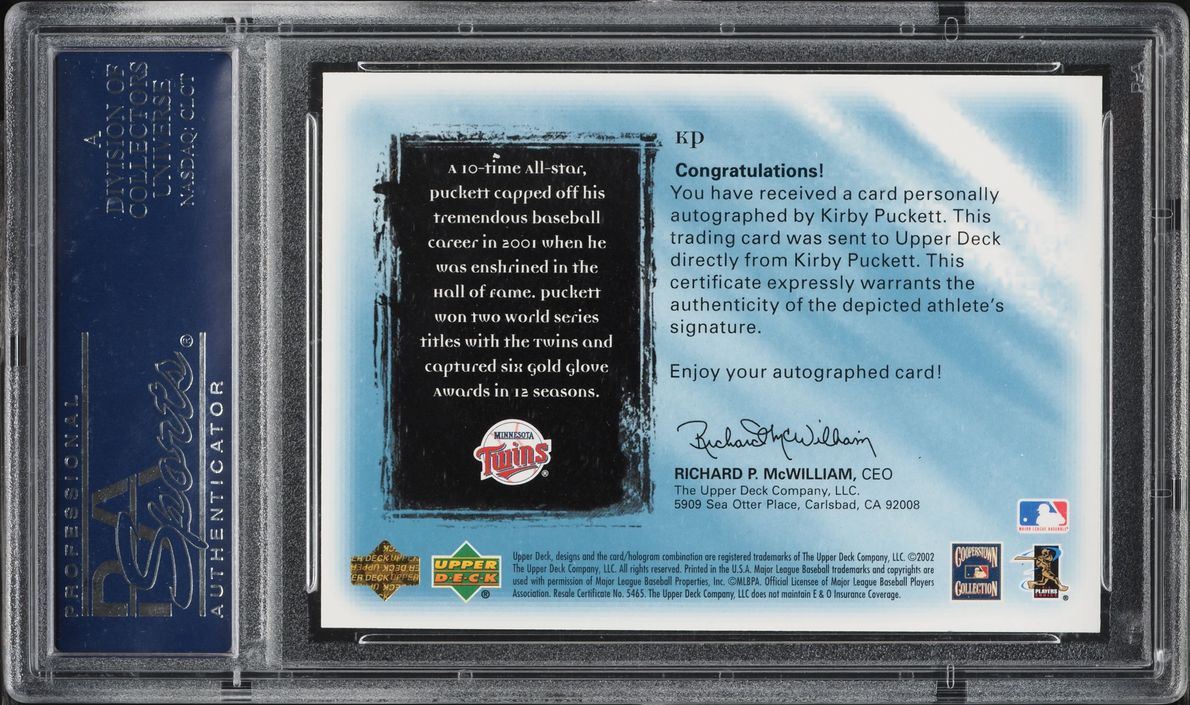 2001 Ultimate Collection Signatures Kirby Puckett AUTO /150 #KP PSA 8.5 NM-MT+