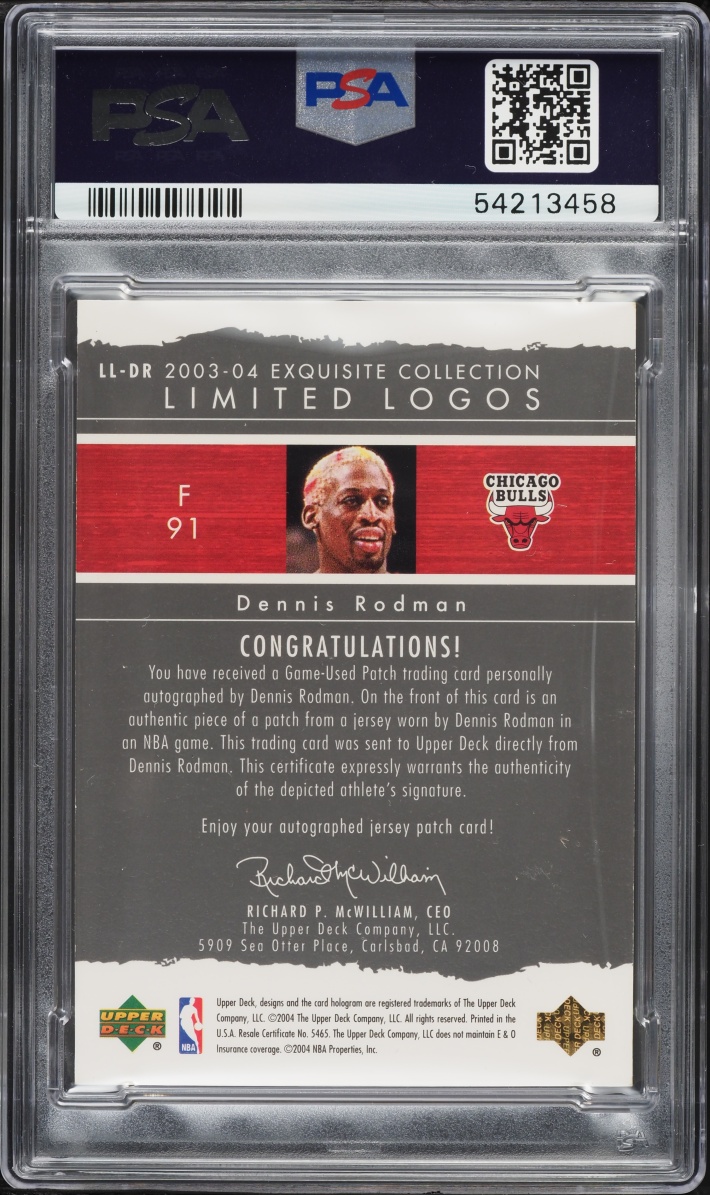 2003 Exquisite Collection Limited Logos Dennis Rodman PATCH AUTO /75 #LL-DR PSA 8 NM-MT