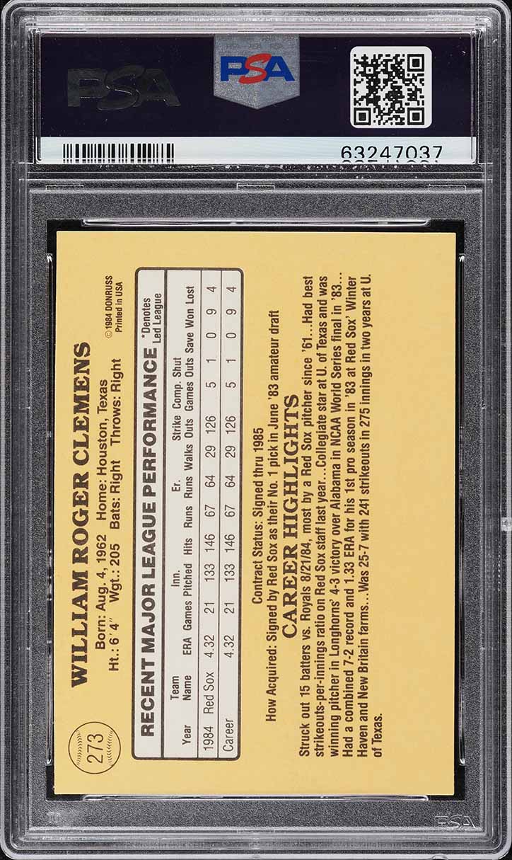 1985 Donruss Roger Clemens ROOKIE AUTO DNA 10 #273 PSA 10 GEM MINT